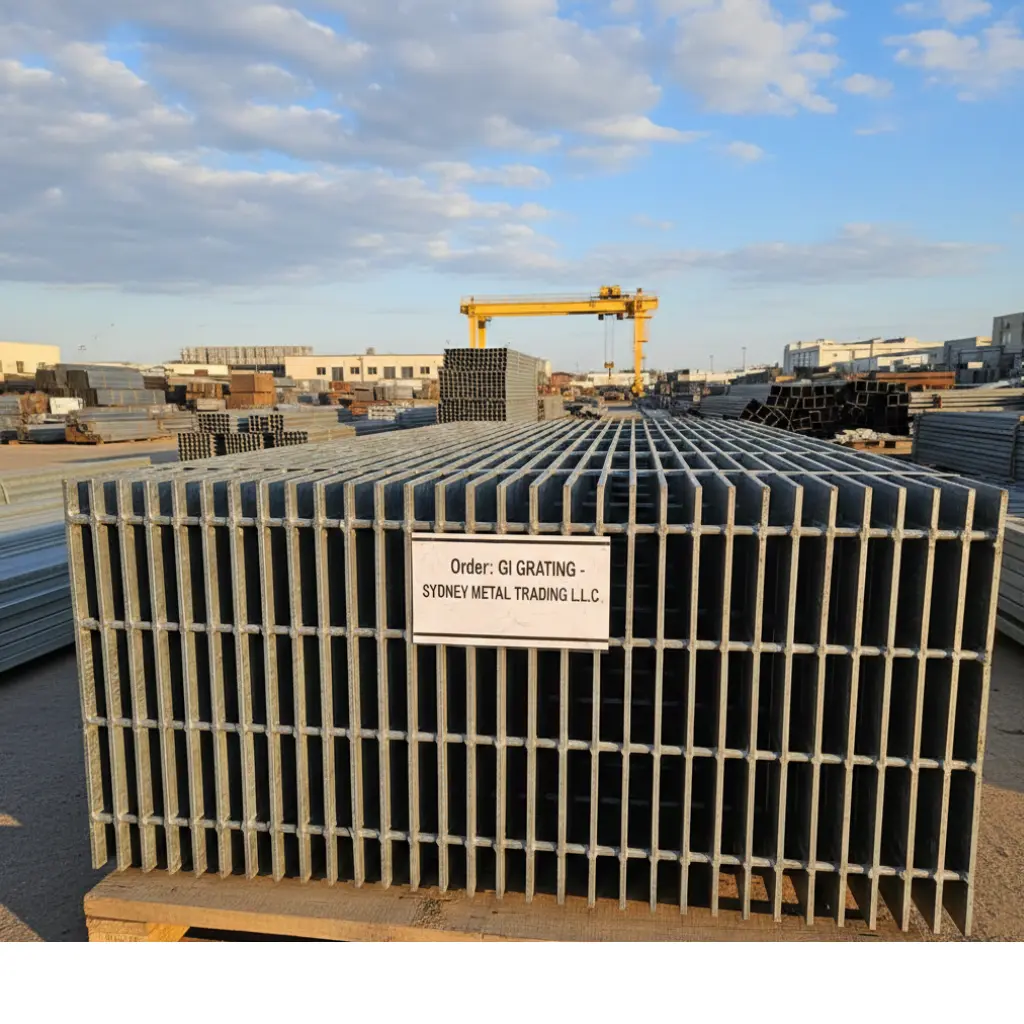 Stacked GI grating panels at industrial yard